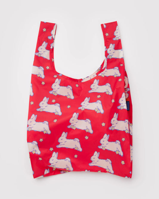Red reusable bag with rabbit pattern on a white background