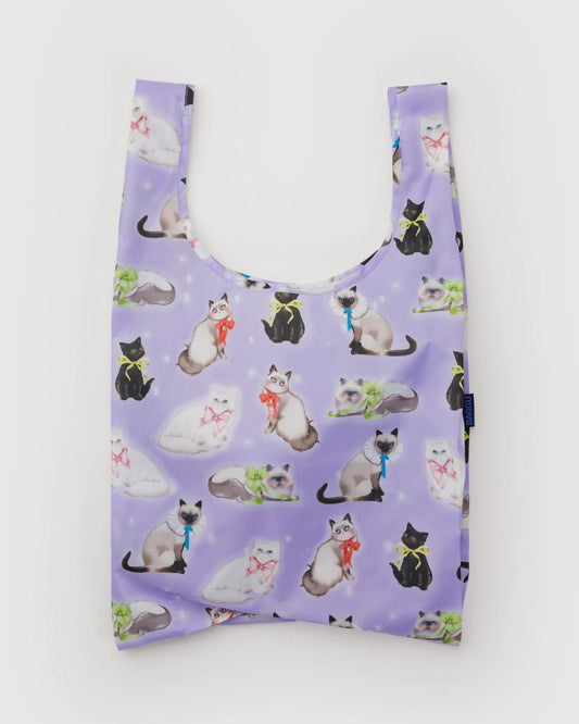 Baggu lilac reusable bag with illustrated cats. 
