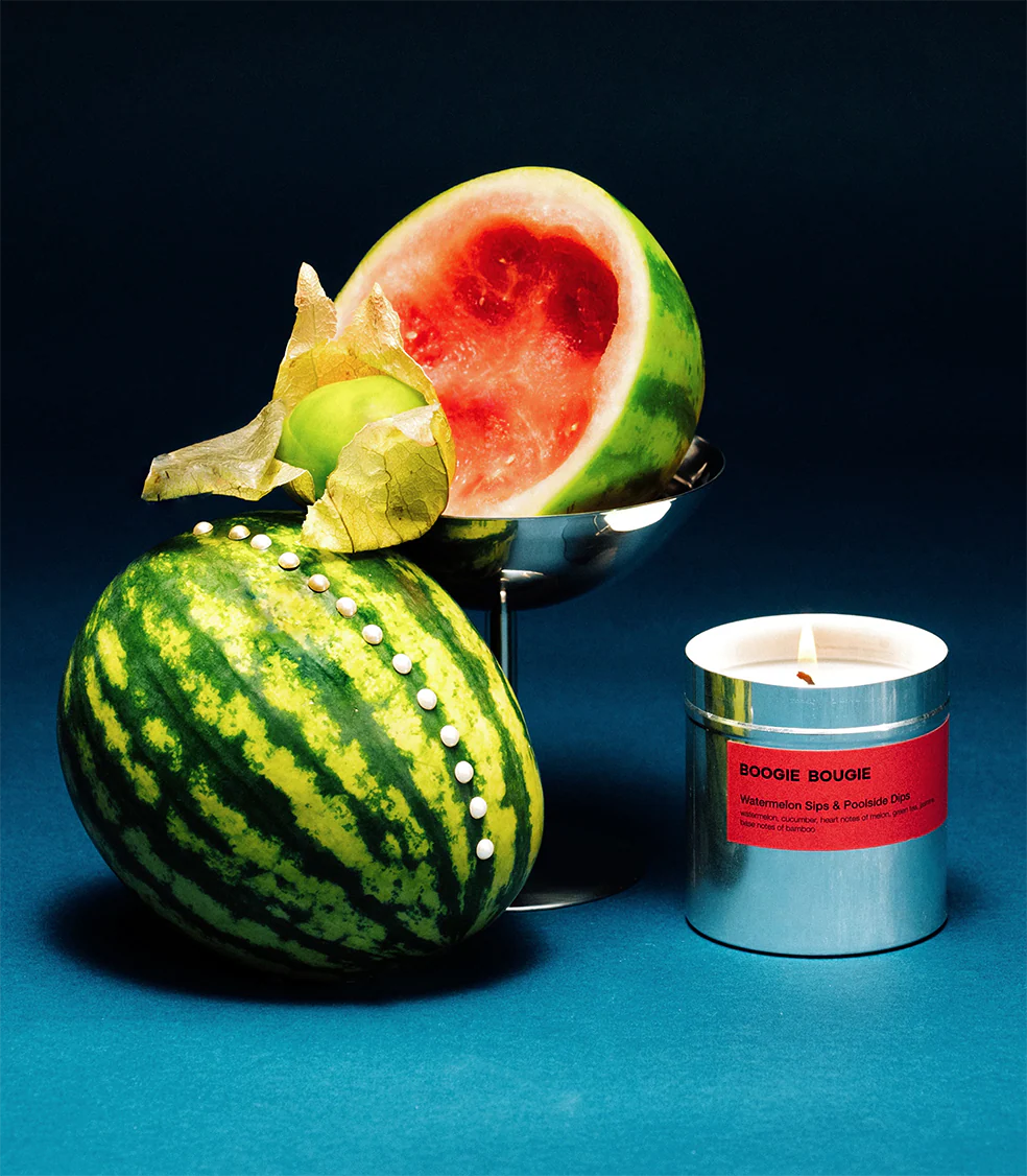 Boogie Bougie Poolside Dips & Watermelon Sips Candle on a dark blue background
