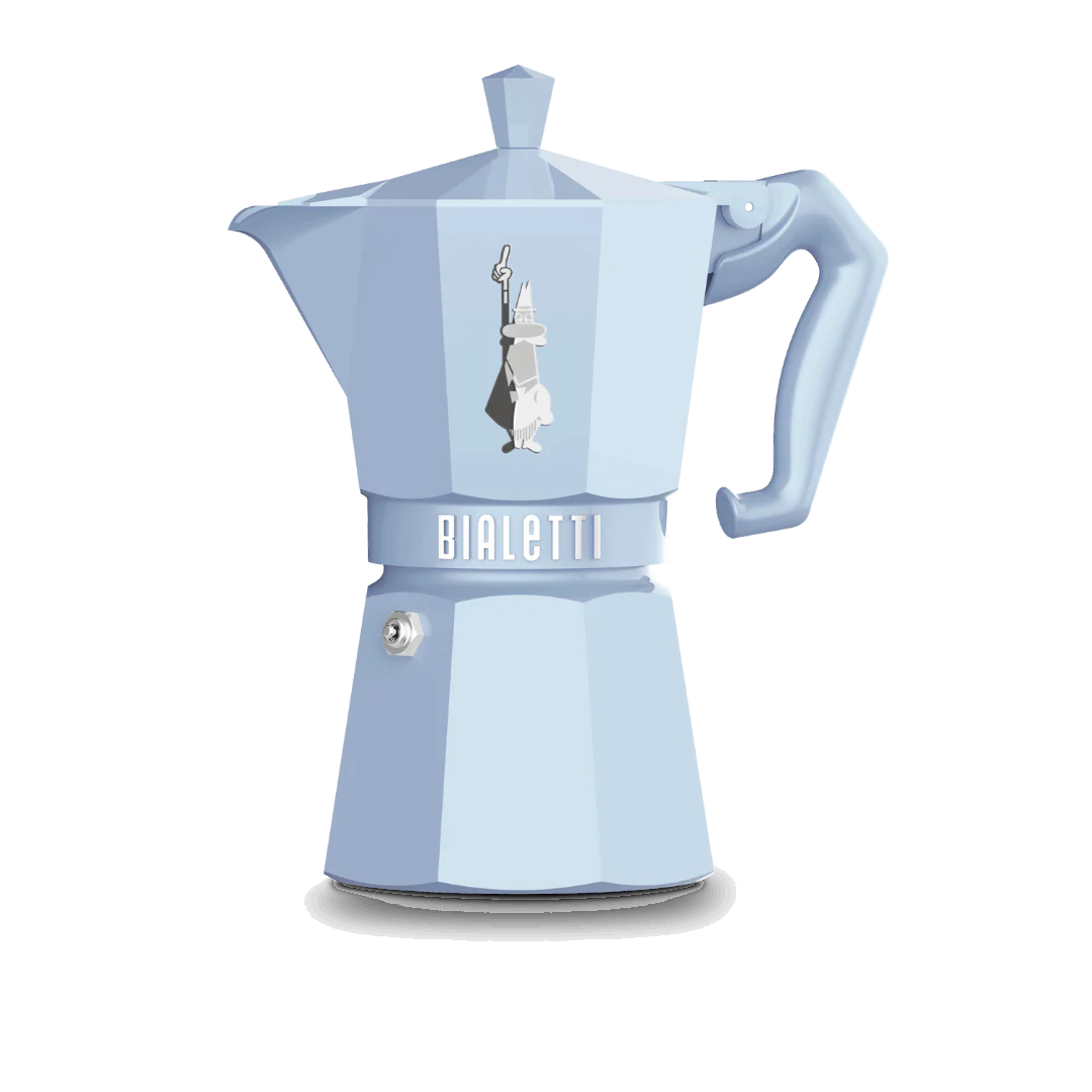 Light blue Bialetti coffee maker on a white background