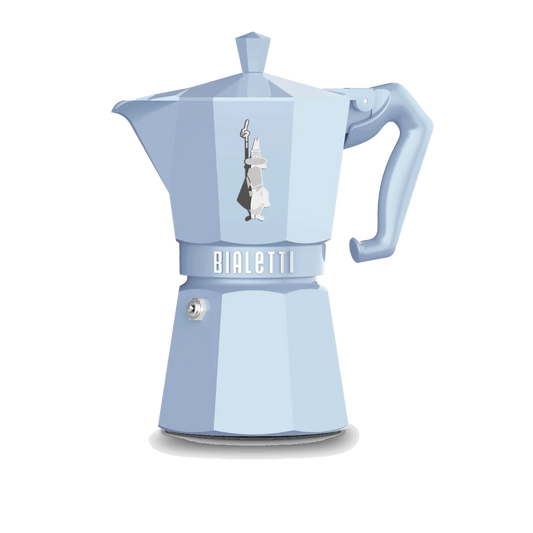 Light blue Bialetti coffee maker on a white background