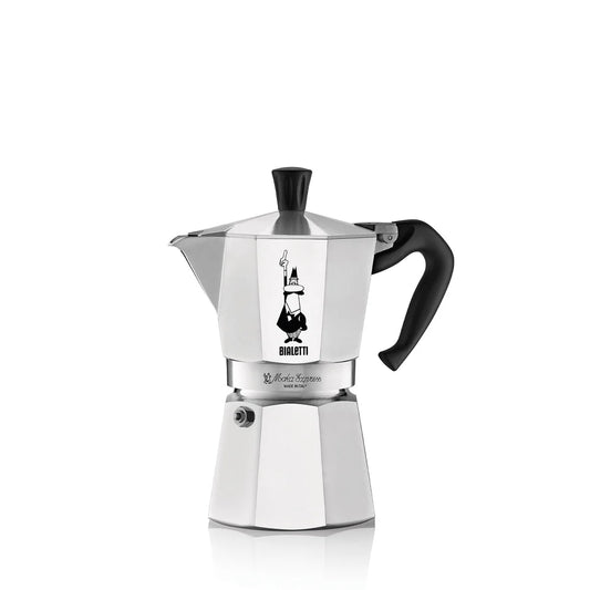 Stainless steel espresso maker with black handle on a white background