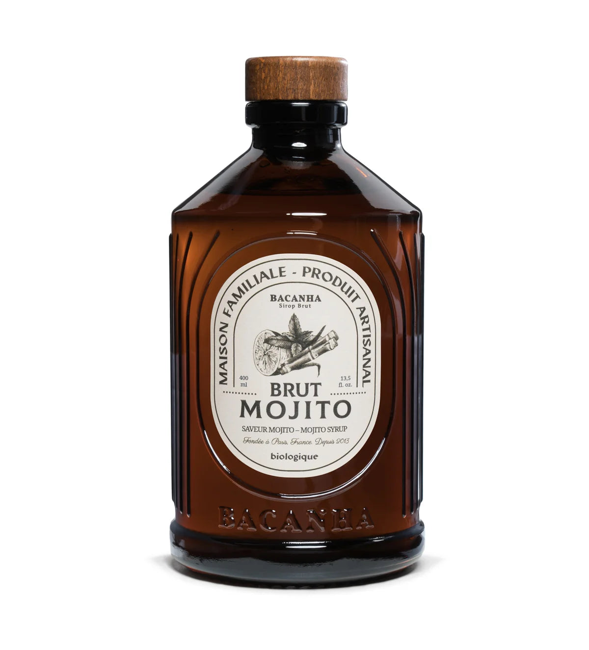 Brown bottle of Brut Mojito with a white label on a white background