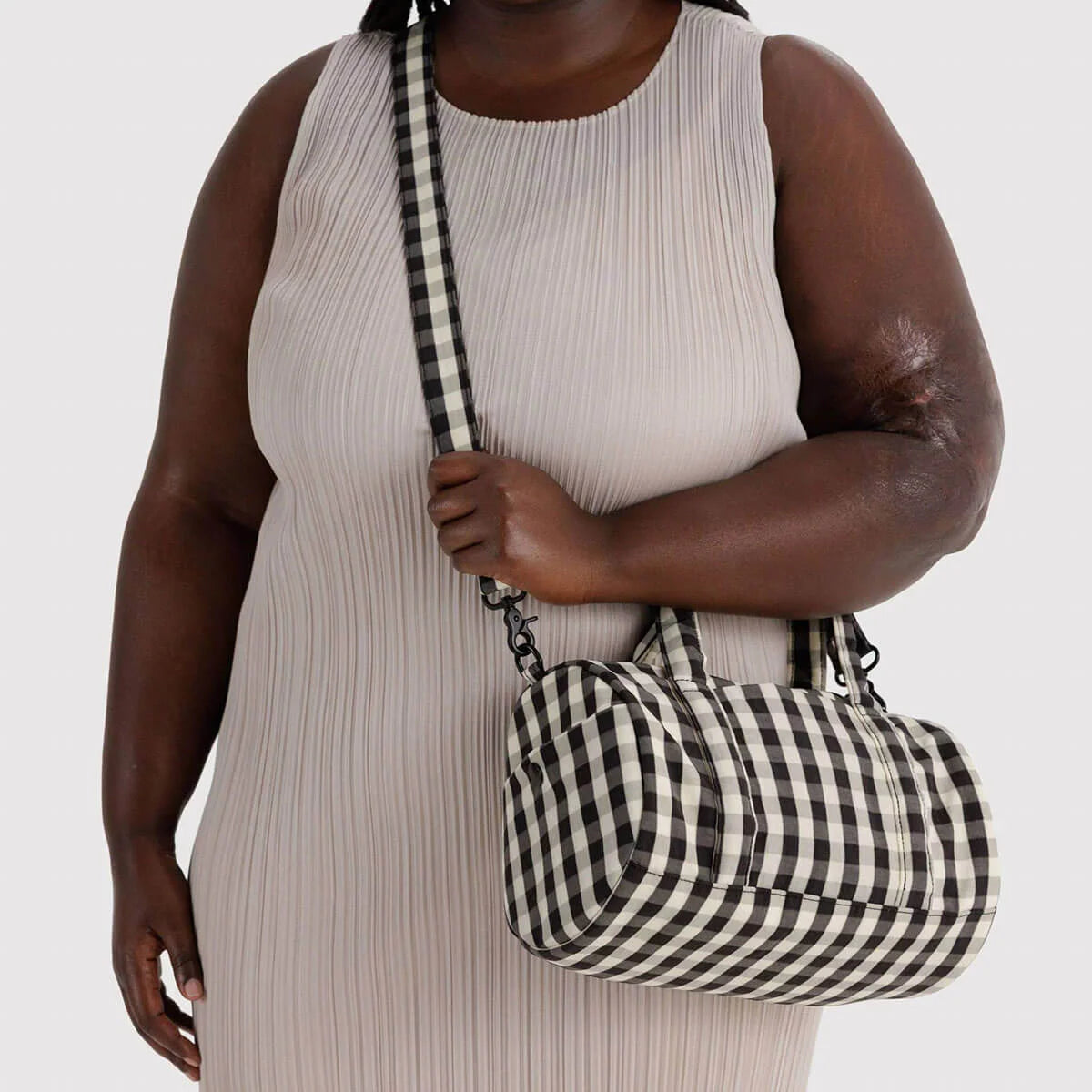 BAGGU Nylon Duffle Bag - Black and Cream Gingham