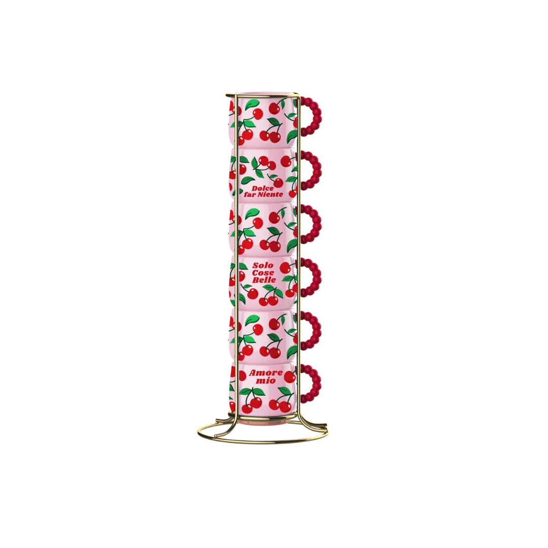 set od 6 espresso cups from bialetti in pink and red colours with illustrated cherries on a white background 