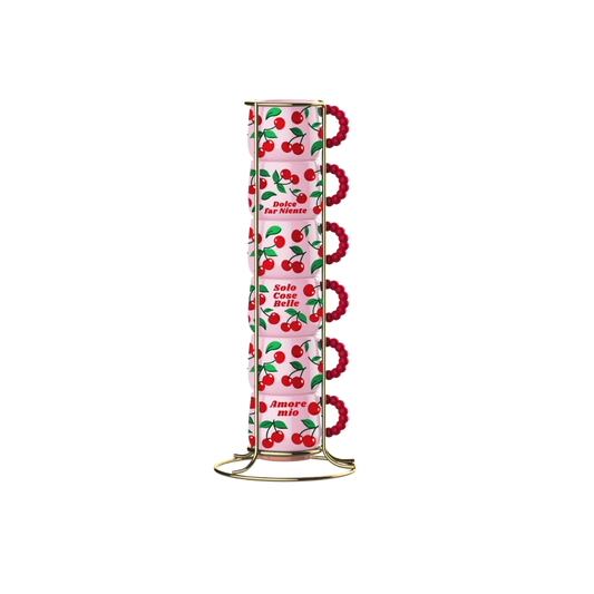 set od 6 espresso cups from bialetti in pink and red colours with illustrated cherries on a white background 