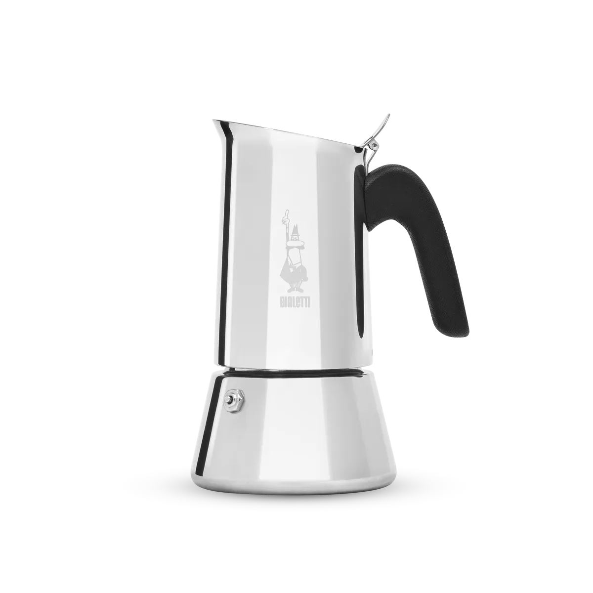 Stainless steel espresso maker with black handle on a white background