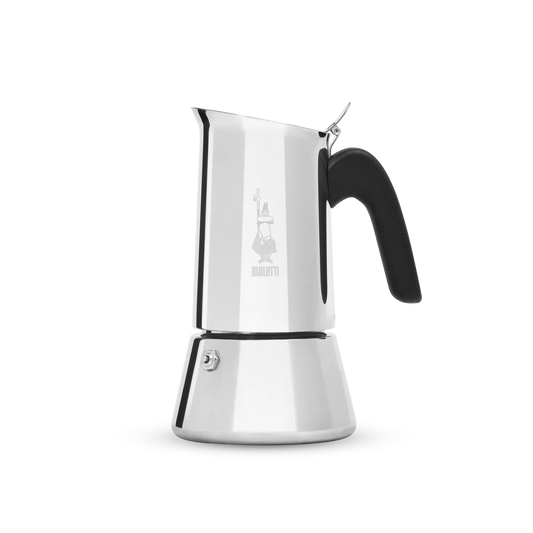 Stainless steel espresso maker with black handle on a white background