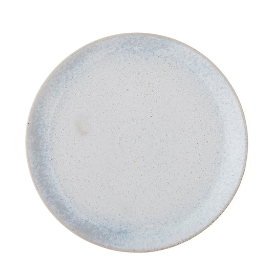 Round ceramic plate with a speckled gray glaze on a white background