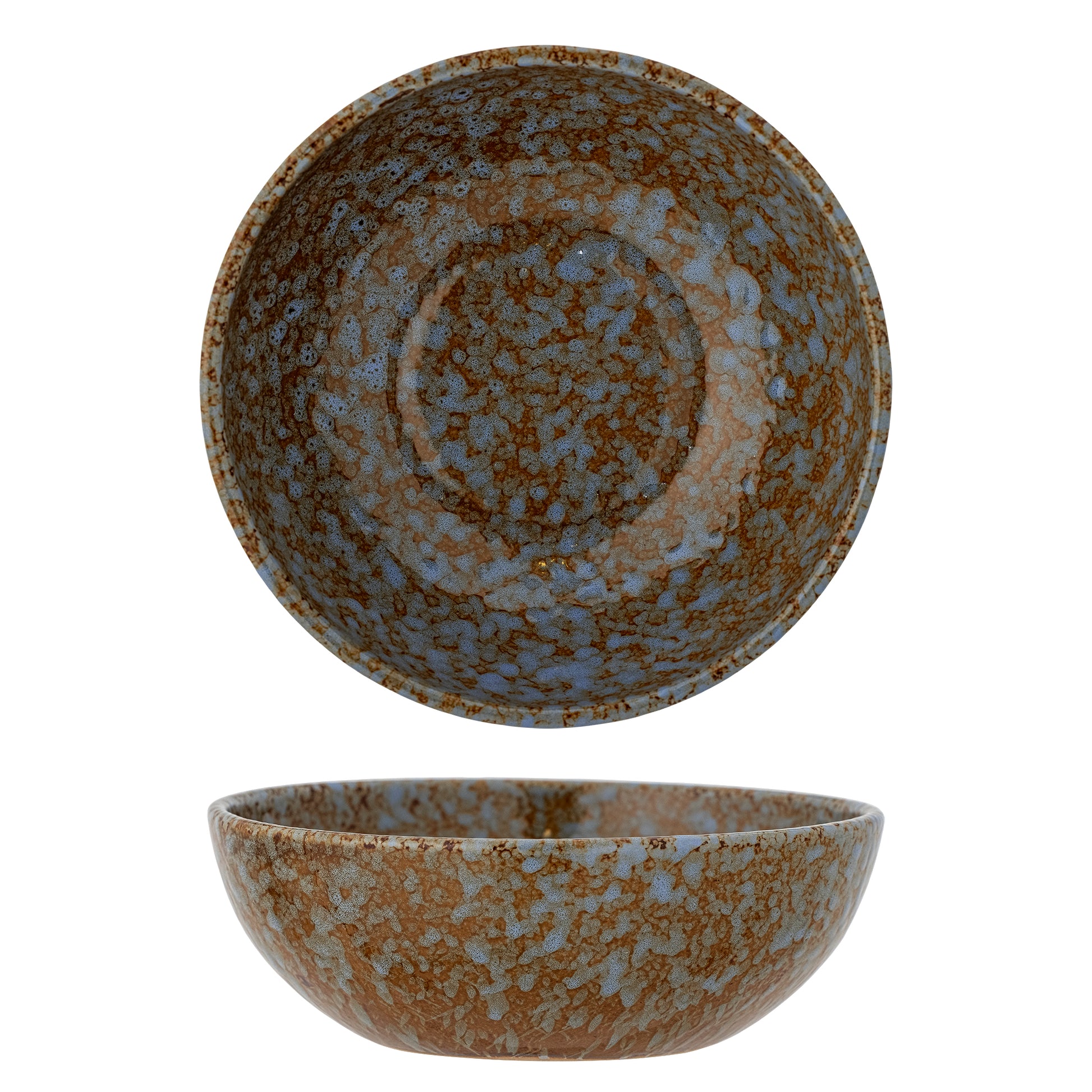 Two ceramic bowls with a speckled brown and blue glaze on a white background