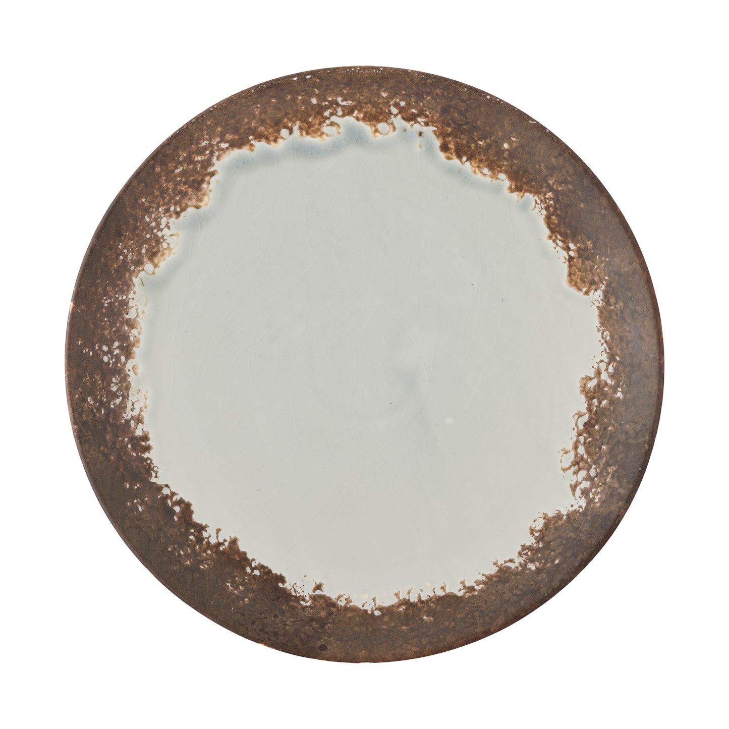 Round ceramic plate with rustic brown rim on a white background