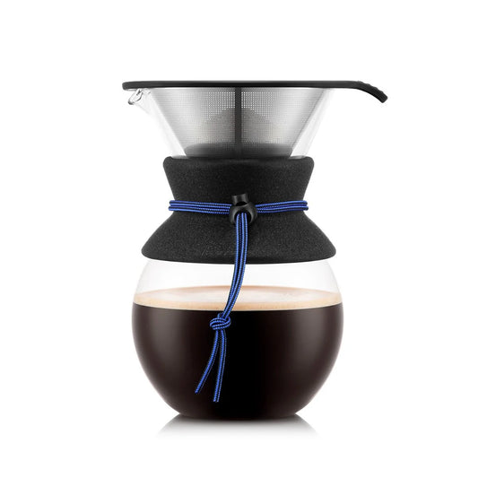 Coffee maker with a black sleeve and blue tie on a white background