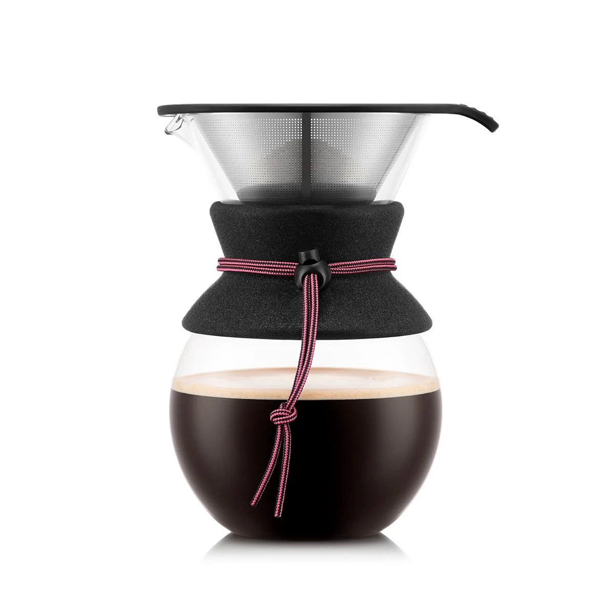 Manual coffee maker with a glass carafe and black fabric collar on a white background