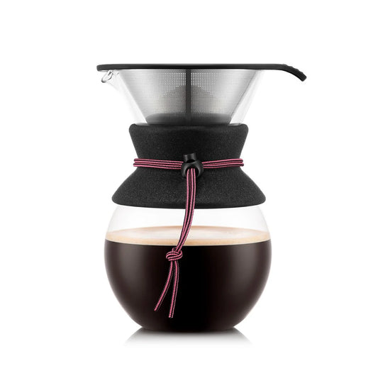 Manual coffee maker with a glass carafe and black fabric collar on a white background