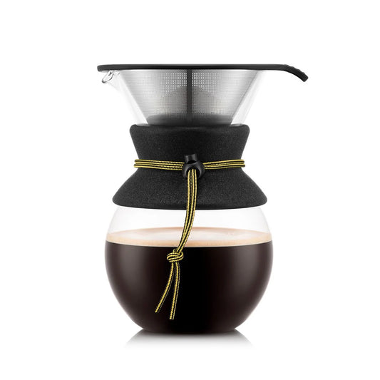 Manual coffee maker with glass carafe and black fabric collar on a white background