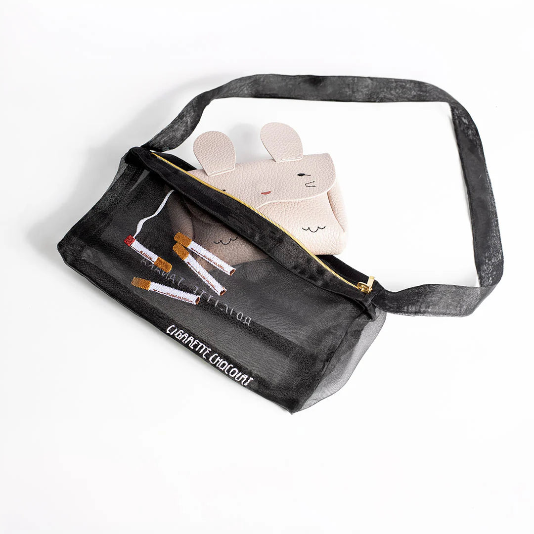 Brigitte Lanaka Cigarette Chocolat Mesh Bag with embroidery pattern