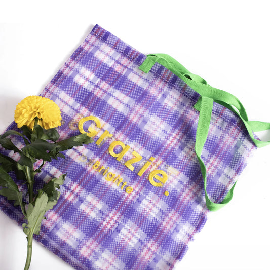 Brigitte Lanaka Aurora Florist Organza Bag in purple, red and white gingham like pattern.
