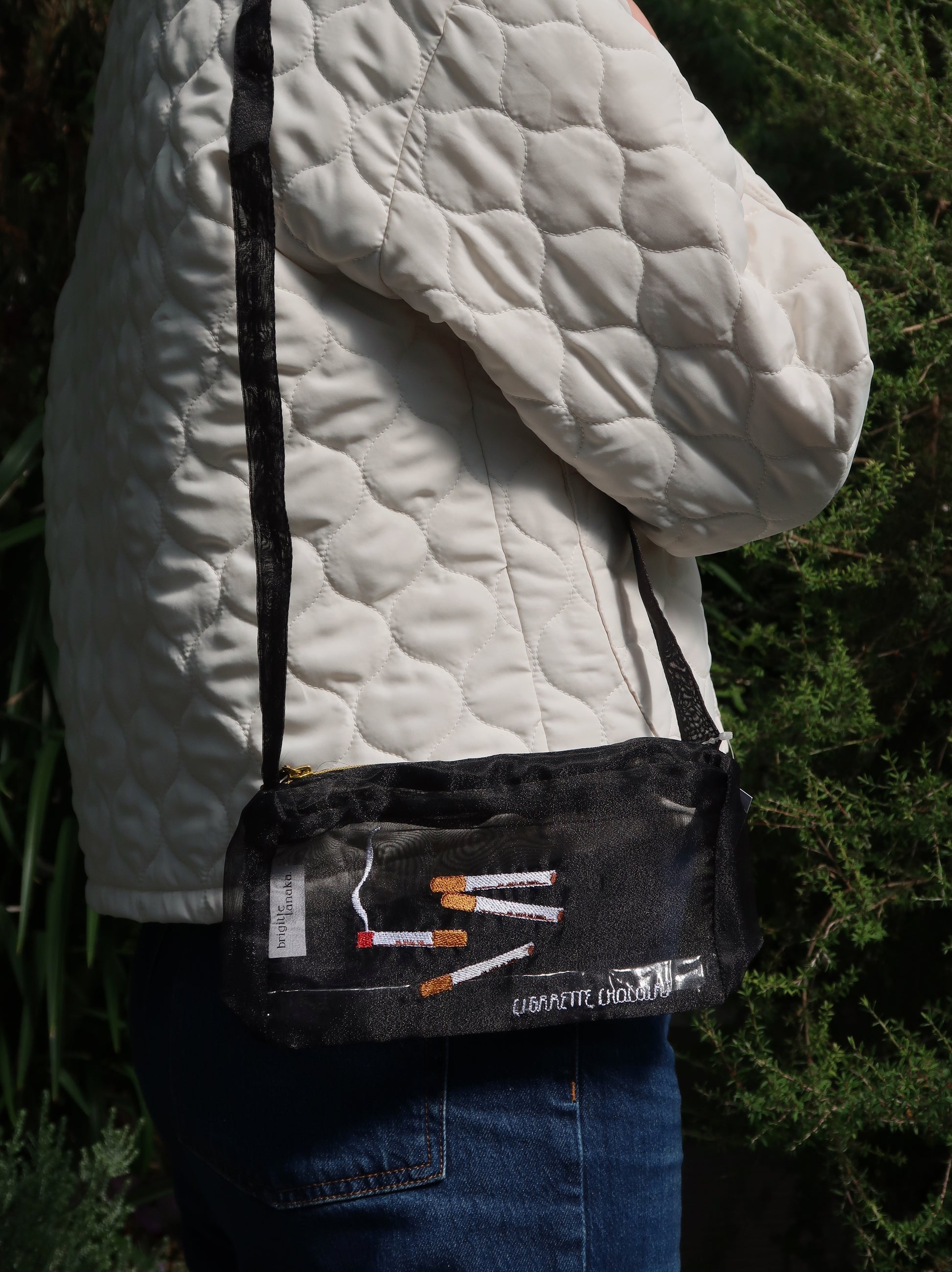 Brigitte Lanaka Black Mesh Bag with embroidered Cigarette Chocolat