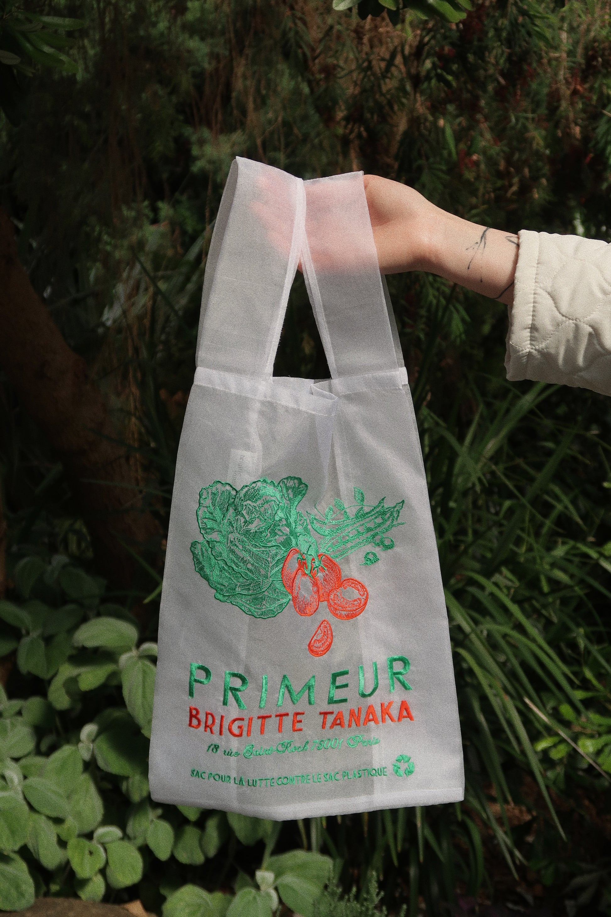 Brigitte_Lanaka_Primeur_Organza_Bag in embroidery pattern featuring lettuce and tomatoes.