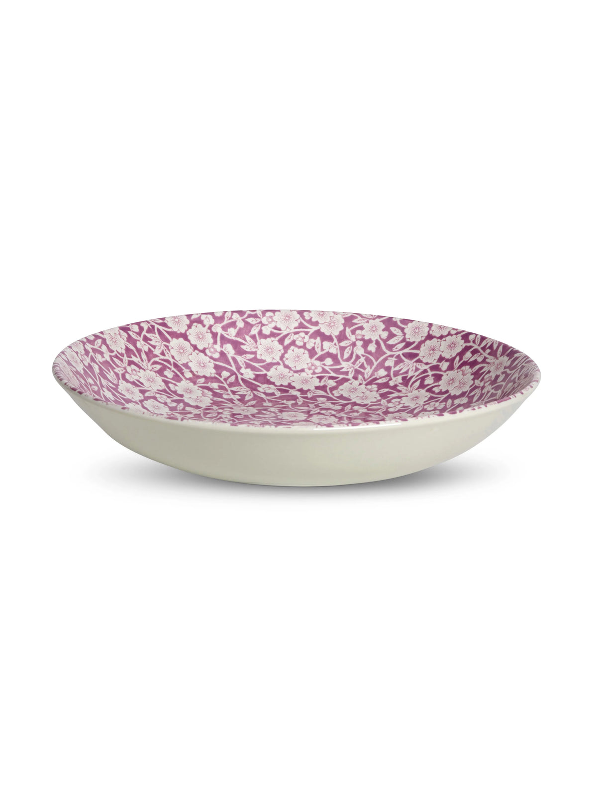 Burleigh Blossom Calico Butter Pat Dish  with purple and white floral pattern on a white background 