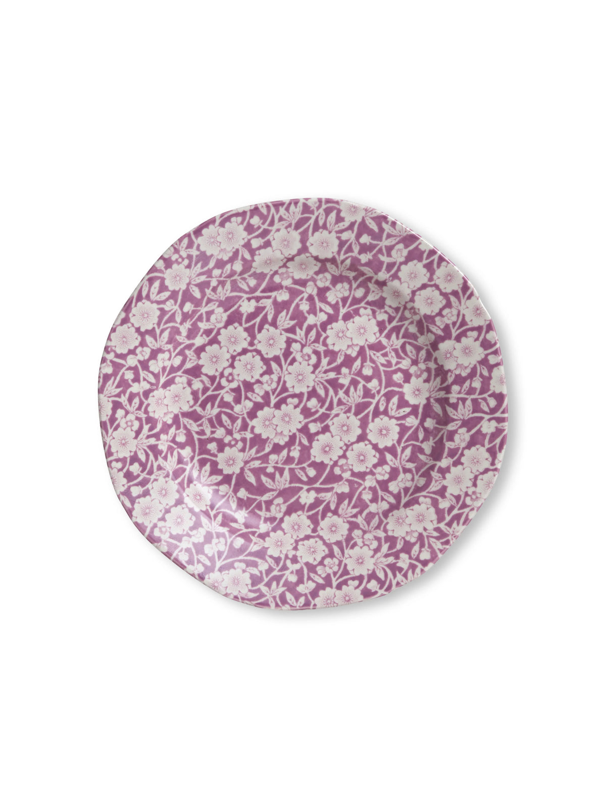 Burleigh Blossom Calico Plate in purple and white floral pattern on a white background 
