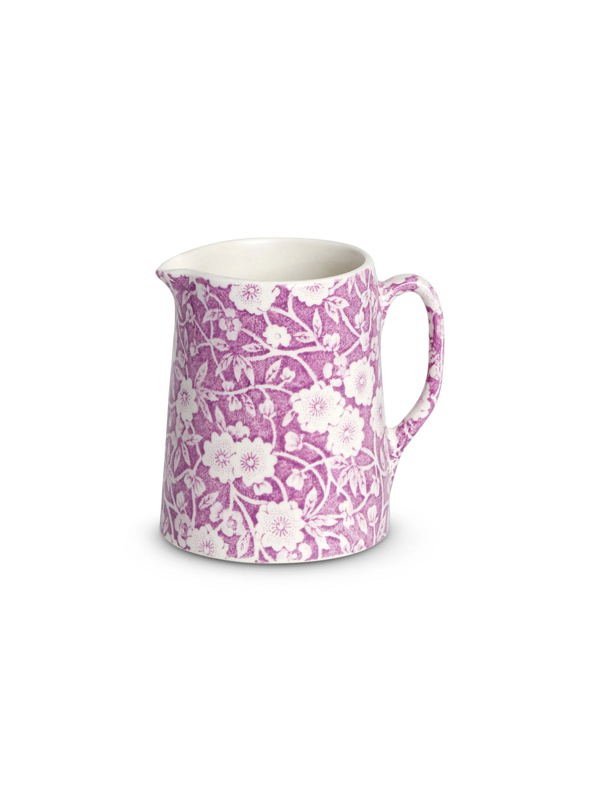 Burleigh Blossom Calico Tankard Floral Jug in purple and white colourway on a white background 