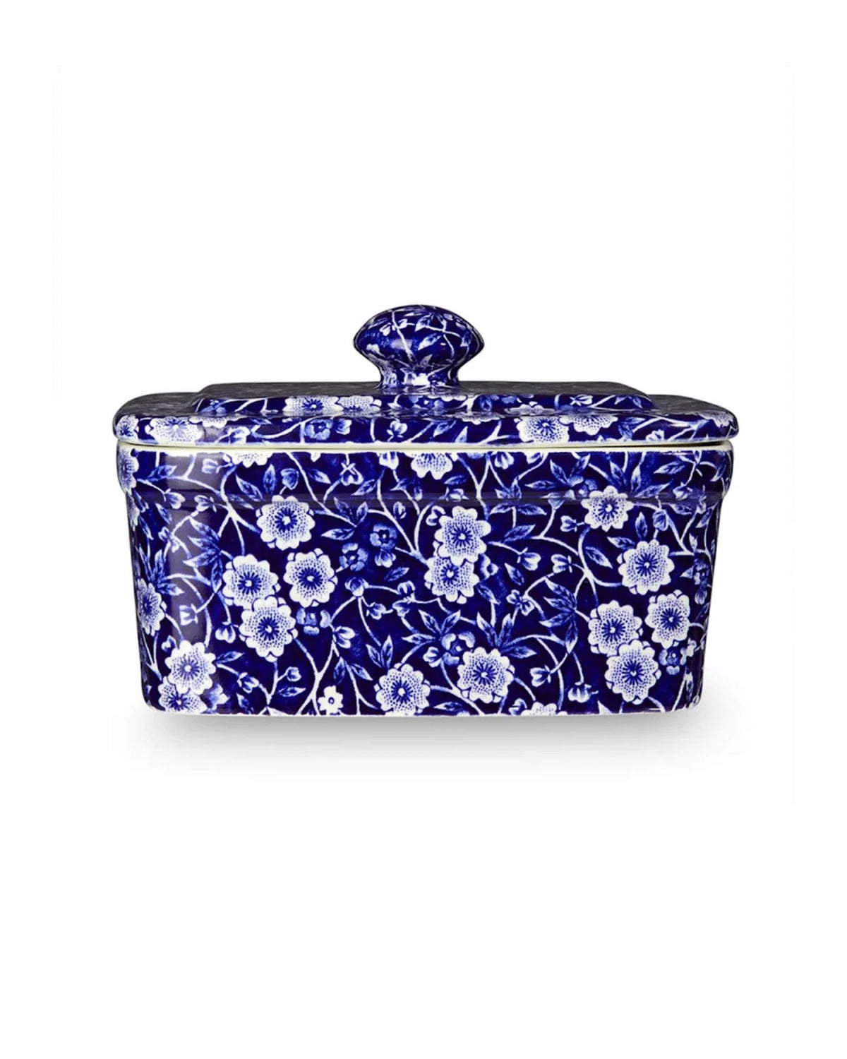 Burleigh Blue and White Calico Butter Dish on a white background 