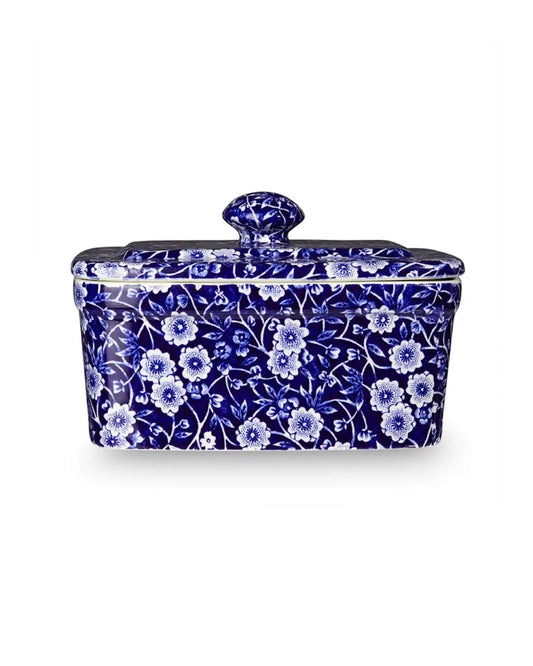 Burleigh Blue and White Calico Butter Dish on a white background 