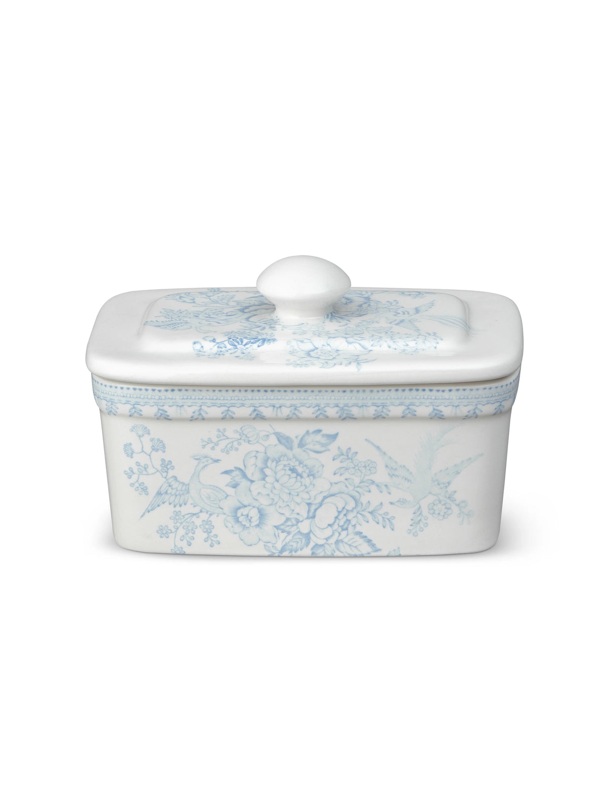 Burleigh Pale Blue Asiatic Pheasants Butter Dish on a white background 