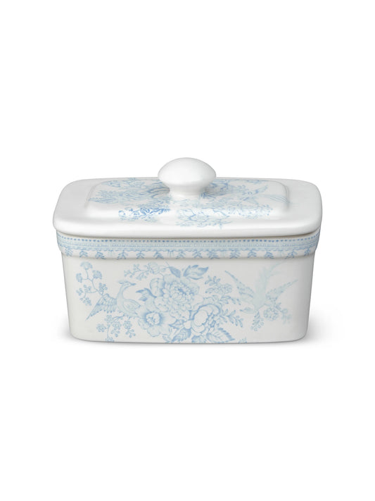 Burleigh Pale Blue Asiatic Pheasants Butter Dish on a white background 
