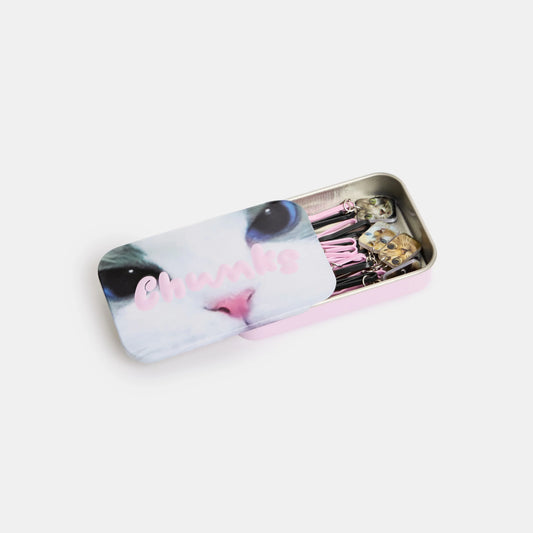 A pink metal tin case with a cat face graphic and the word 'Chunks' in pink 