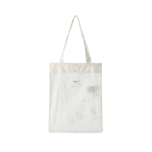 White tote bag with floral pattern on a white background