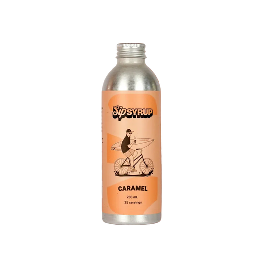 Sipsyrup caramel syrup bottle on a brown background