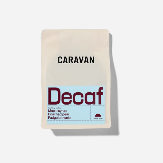 Caravan Roastery DECAF Bag of  Beans on a greay background 