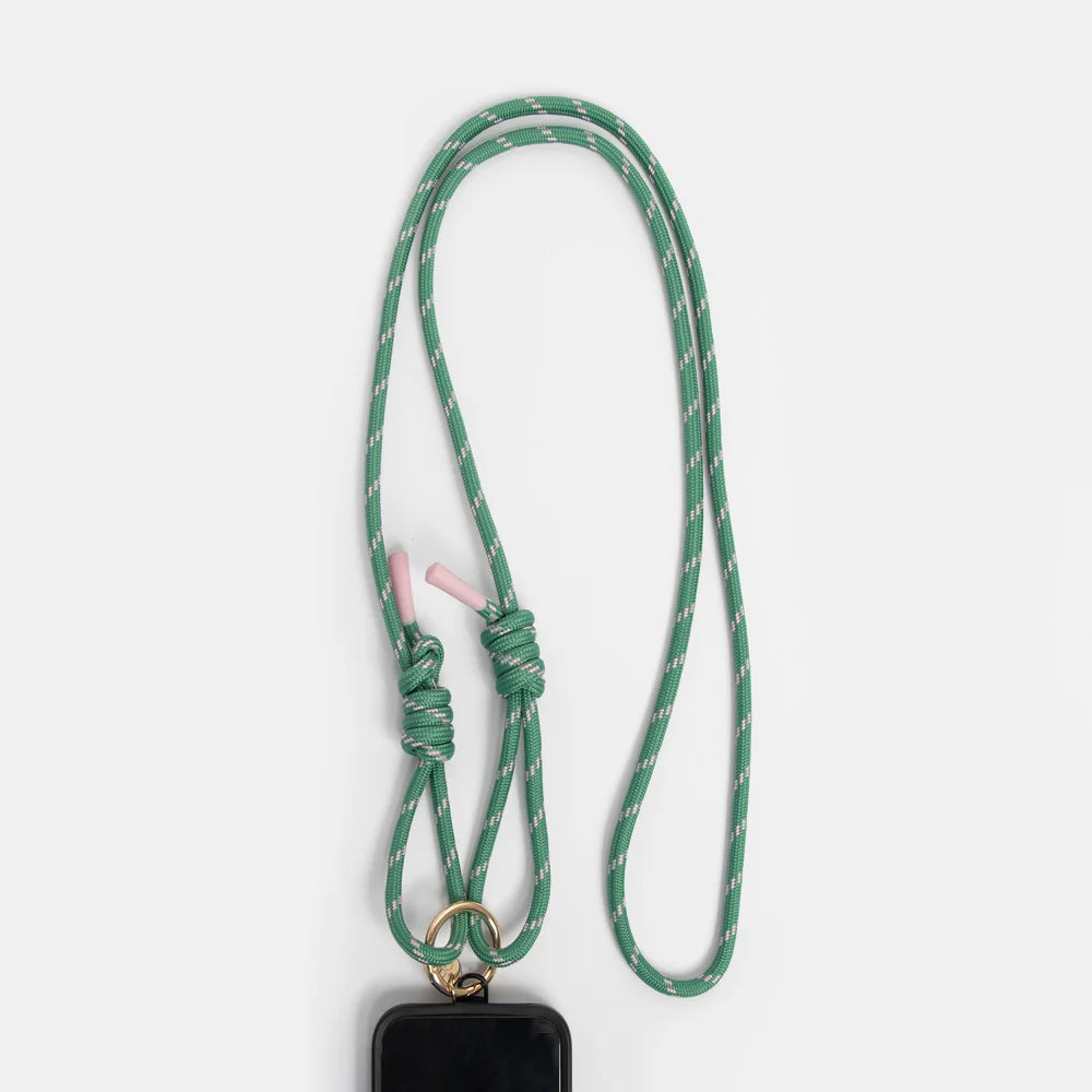 Green lanyard with a black phone case on a white background