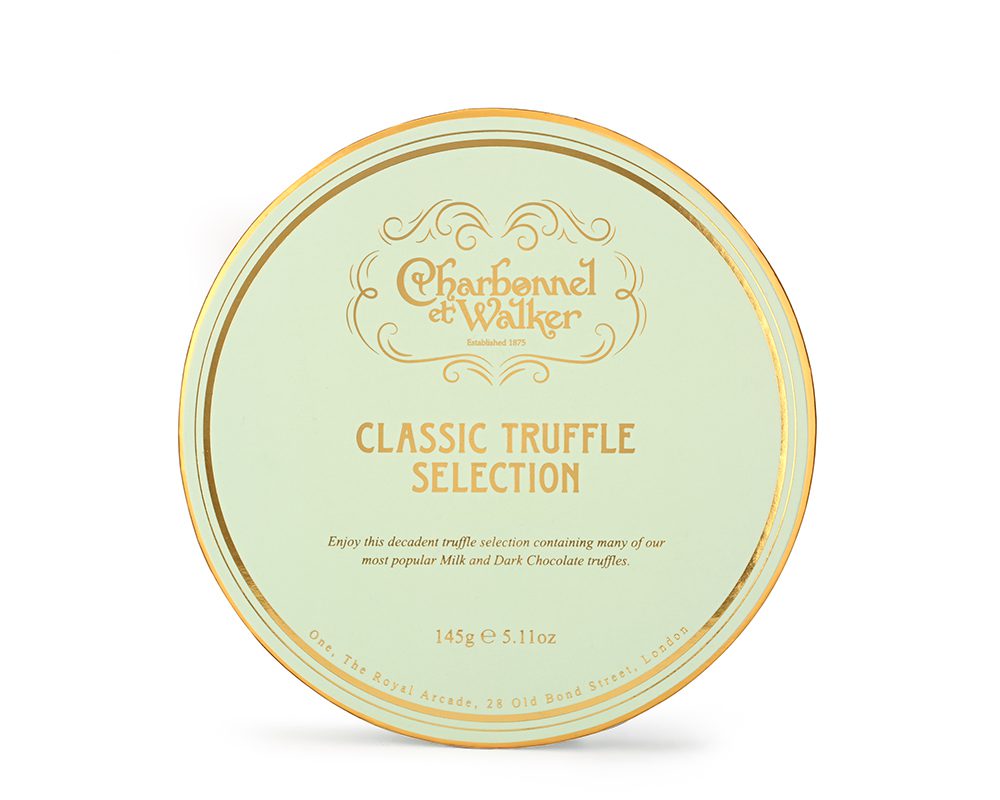 Charbonnel et Walker Classic Truffle Selection in a light green box on a white background 