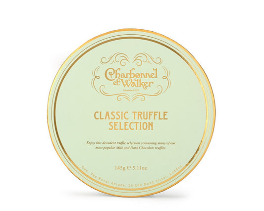 Charbonnel et Walker Classic Truffle Selection in a light green box on a white background 