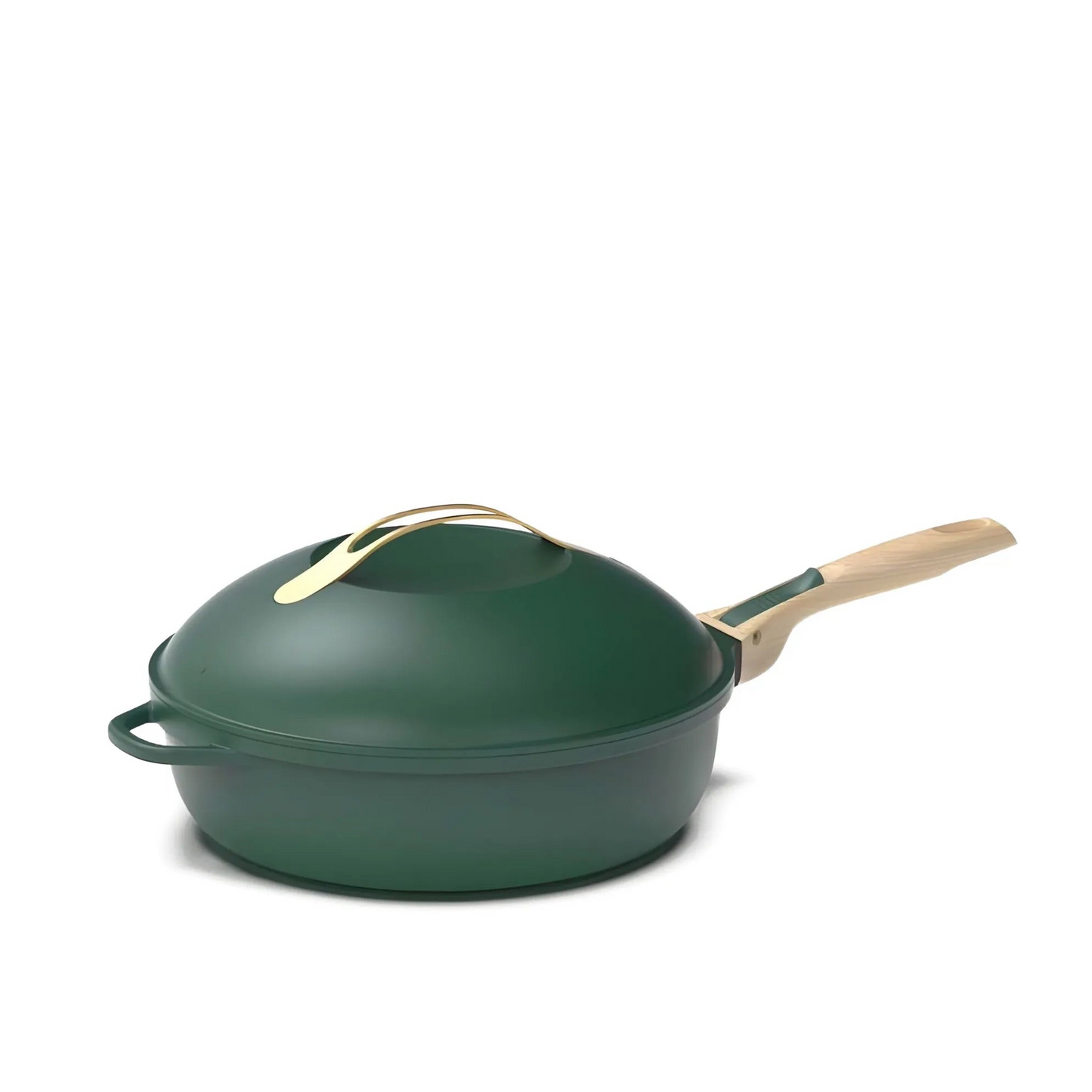 Green frying pan with wooden handle on a white background