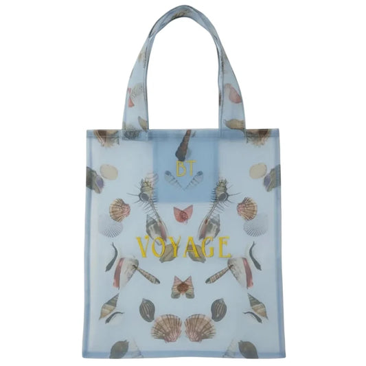 Brigitte Tanaka Coquillage Voyage Organza Bag in light blue mesh material with shell pattern on a white background 