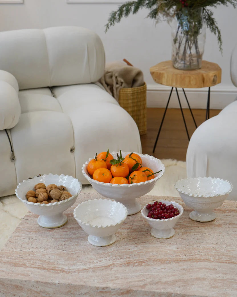 Moroccan White Tamegroute Jagged Edge Pedestal White Fruit Bowl Large