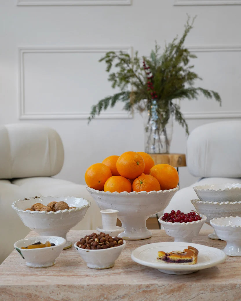 Moroccan White Tamegroute Jagged Edge Pedestal White Fruit Bowl XL