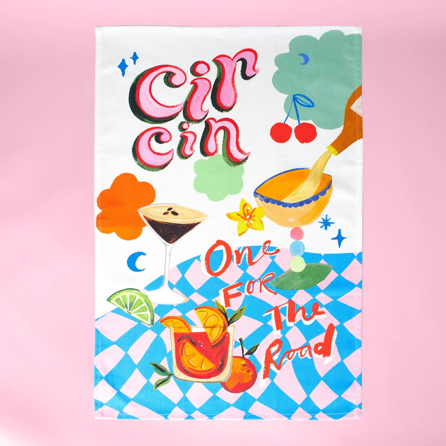 Eleanor Bowmer Cin Cin Tea Towel in colourful print featuing cocktails and writing. 
