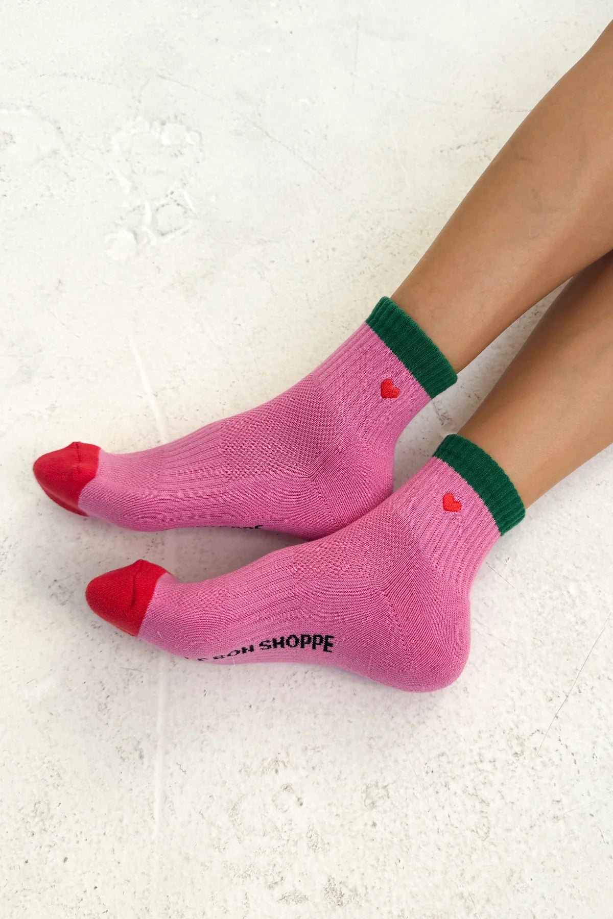 Le Bon Shoppe Embroidered Color Block Girlfriend Socks - Rose & Green Heart
