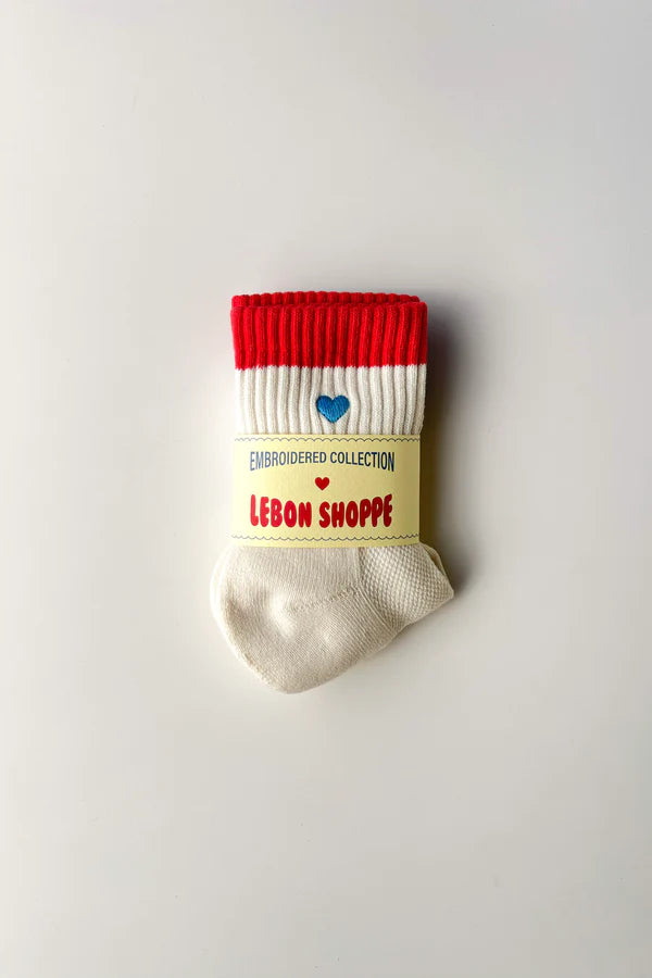 Le Bon Shoppe Embroidered Color Block Girlfriend Socks - Blue & Red Heart