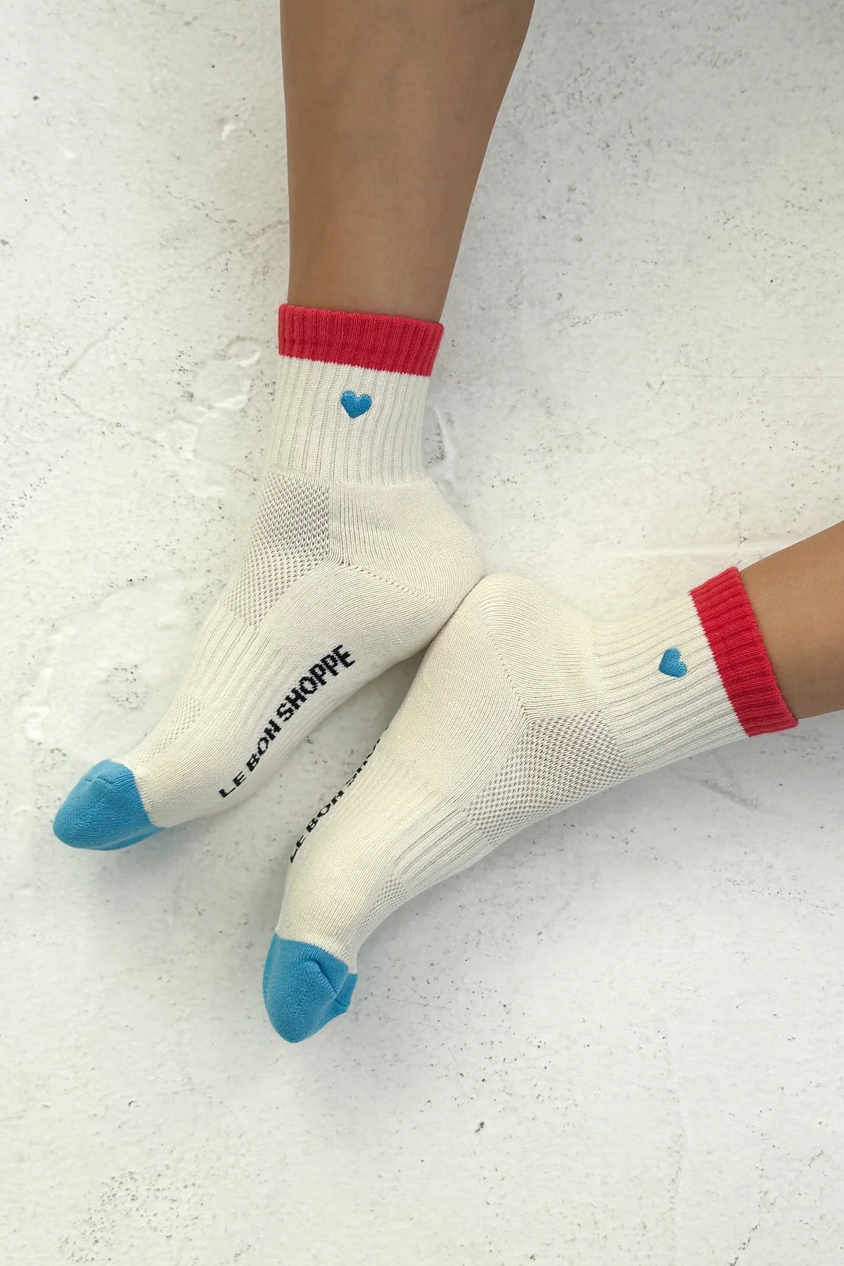 Le Bon Shoppe Embroidered Color Block Girlfriend Socks - Blue & Red Heart