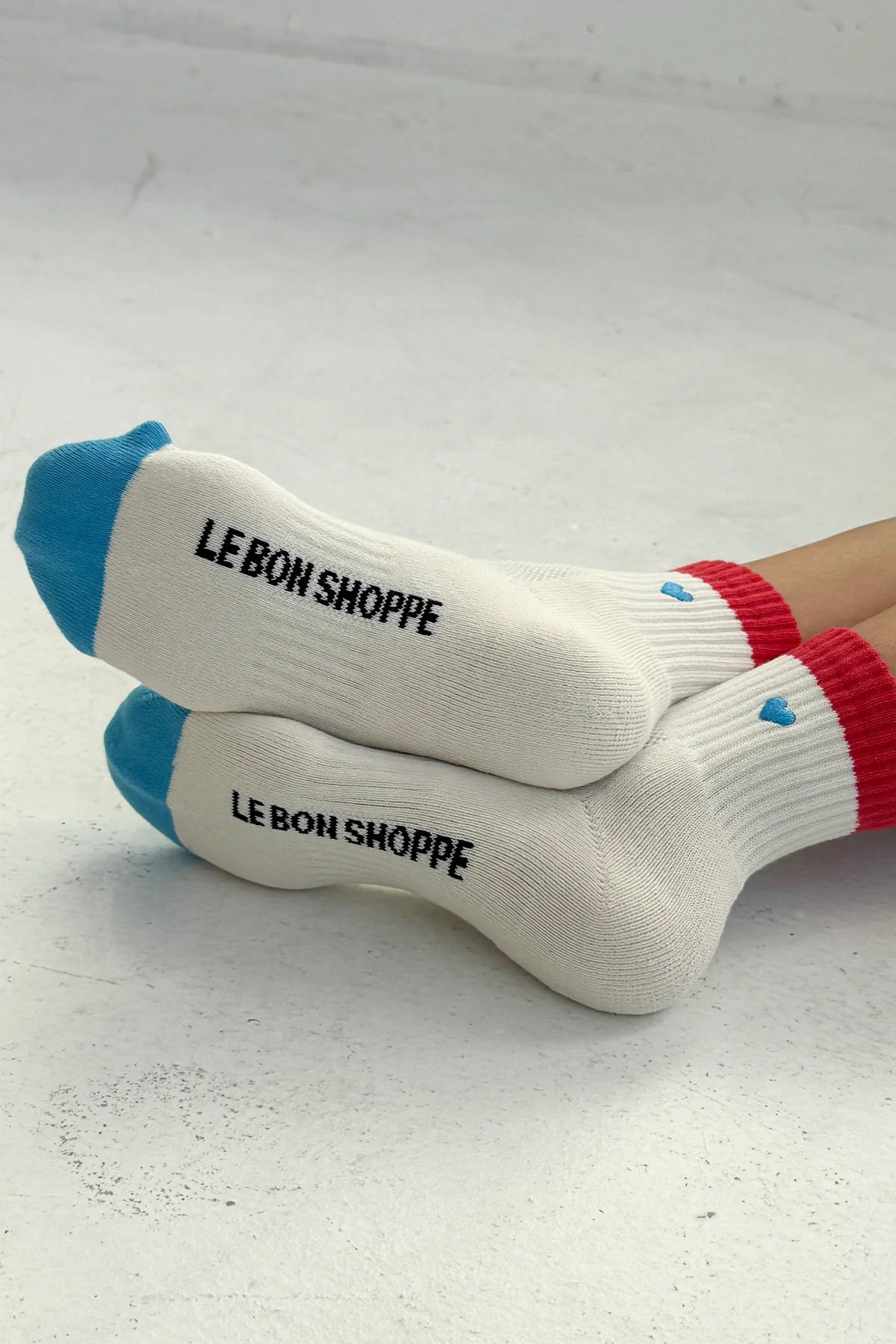 Le Bon Shoppe Embroidered Color Block Girlfriend Socks - Blue & Red Heart