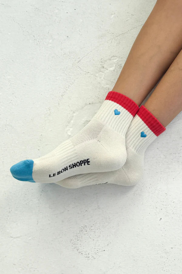 Le Bon Shoppe Embroidered Color Block Girlfriend Socks - Blue & Red Heart