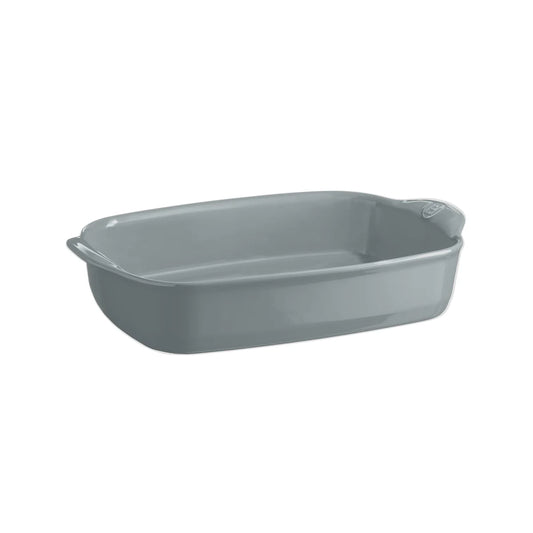 Gray ceramic baking dish on a white background