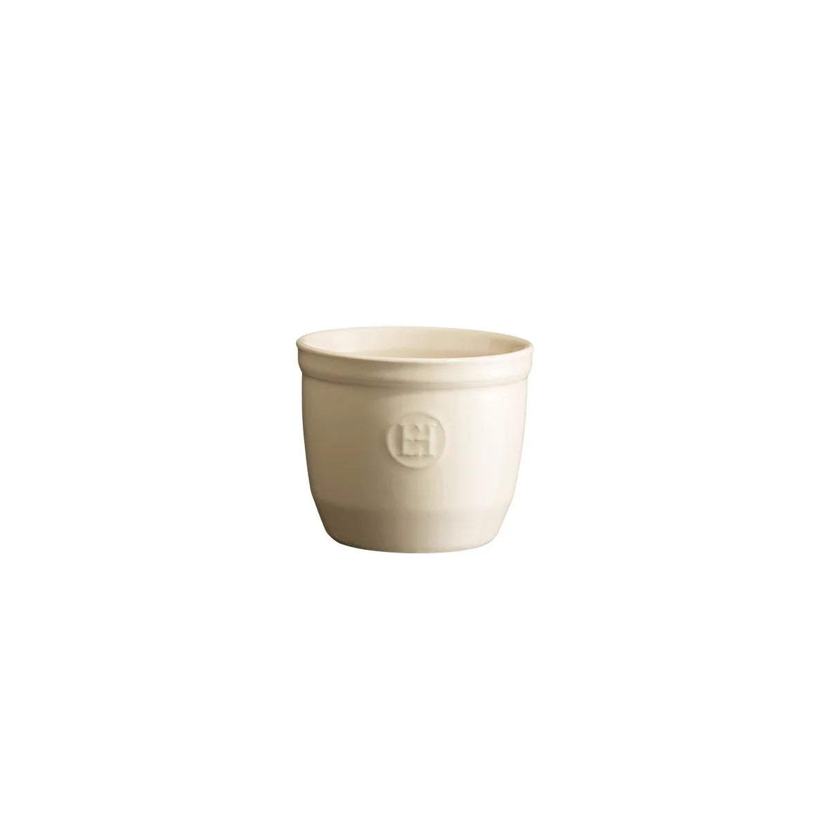 Beige ceramic ramekin with a logo on a white background