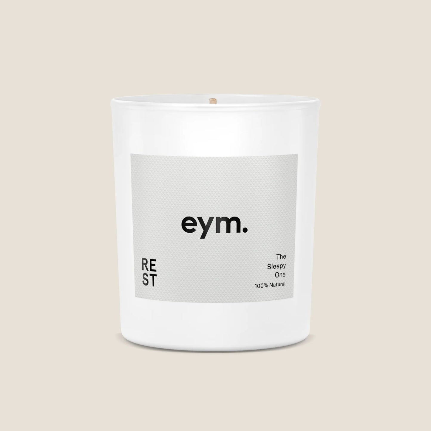 Eym Rest Scented Candle - The Sleepy One in white jar with grey label featuing eym logo